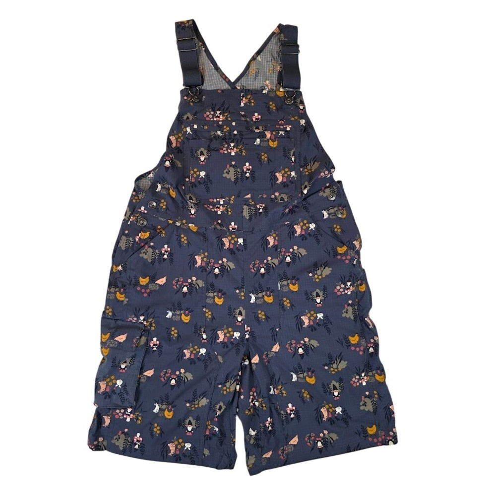Duluth Women's L Heirloom Gardening Shortalls Blue Gnome Chicken Rabbit Print